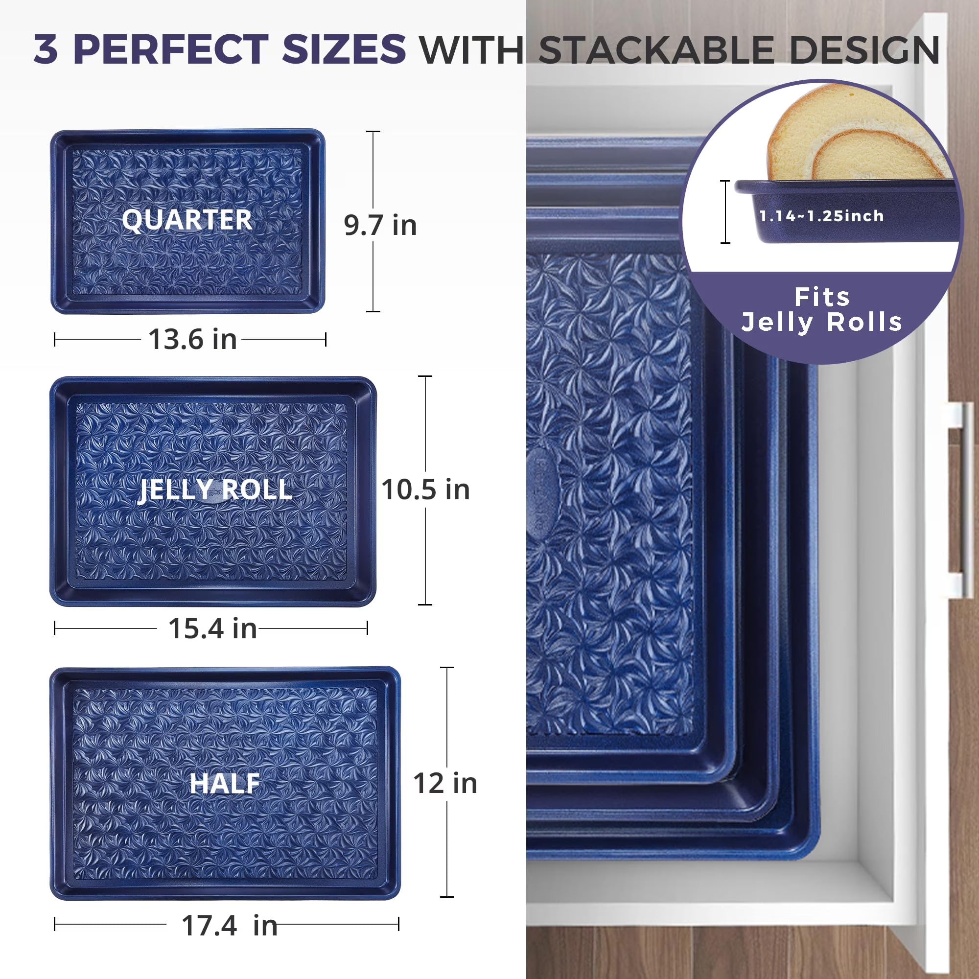 HONGBAKE Nonstick Baking Sheet Pan Set of 3, Cookie Sheets for Oven, Non-Toxic Half/Quarter/Jelly Roll Pans with Floral Swirl Texture, Heavy Duty 0.8mm Thick Oven Trays for Cooking, Blue