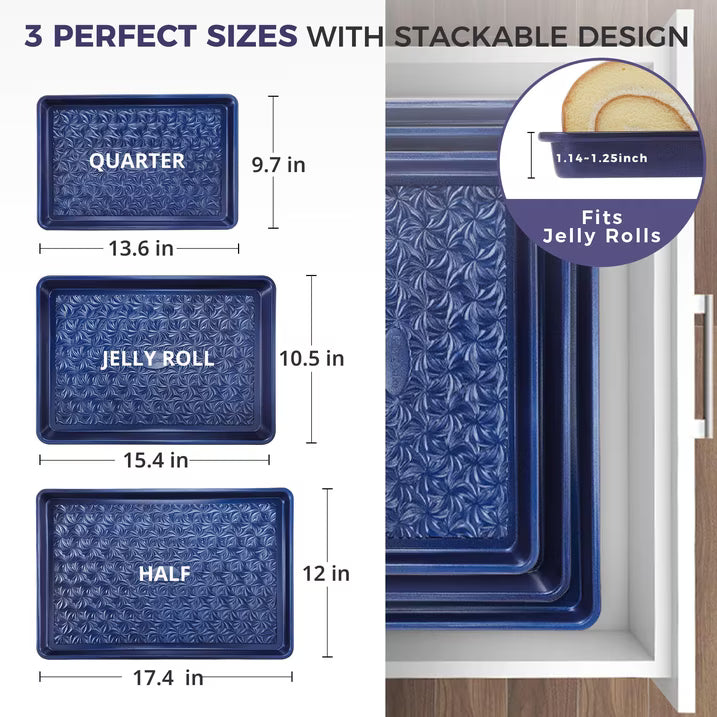 HONGBAKE Nonstick Baking Sheet Pan Set of 3, Cookie Sheets for Baking, Half Sheet, Quarter Sheet & Jelly Roll Pan Set, Heavy Duty Carbon Steel Bakeware, Blue