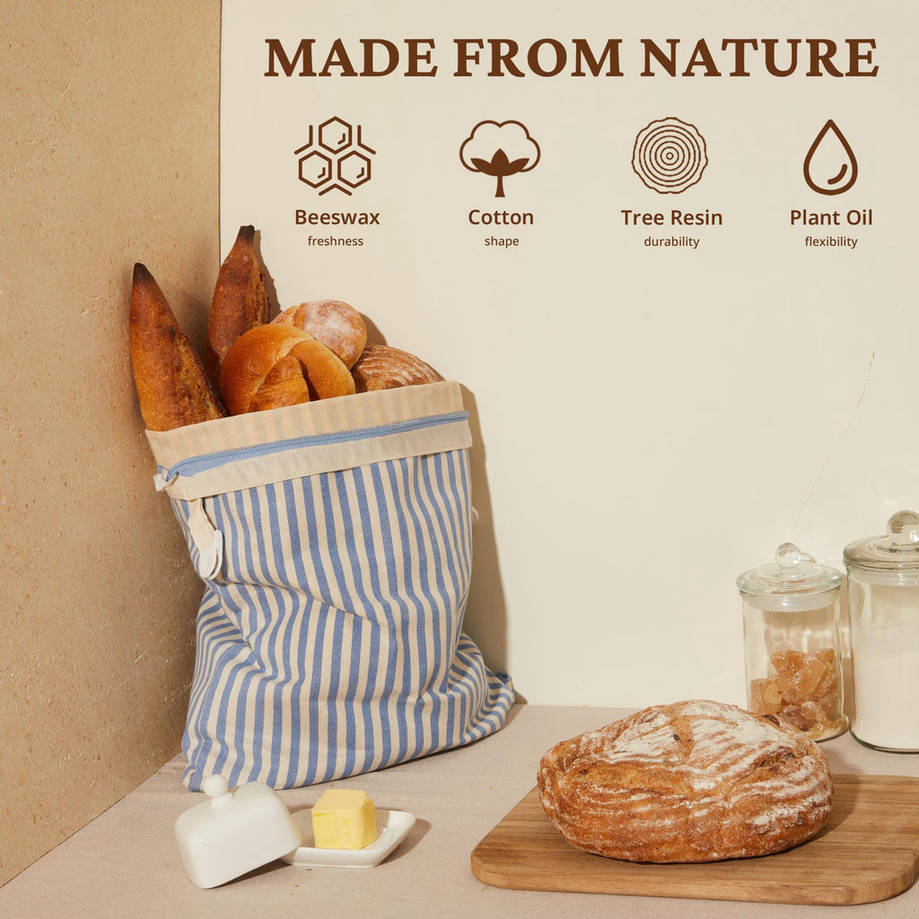 Reusable Beeswax Wrap for Food, 2-Pack Bread Bags with Zipper for Homemade Bread & Sourdough, Large 17x12.6in Wax Wraps, Sustainable Sourdough Loaf Storage to Lock in Freshness, Blue