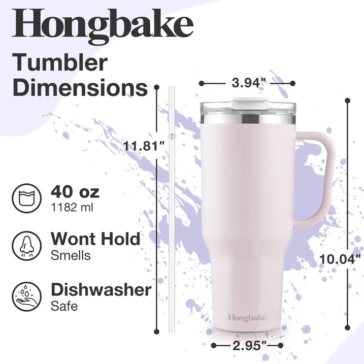 HONGBAKE 40oz Stainless Steel Tumbler with Handle & Straw Lid, Vacuum Insulated Tumbler, Light Pink