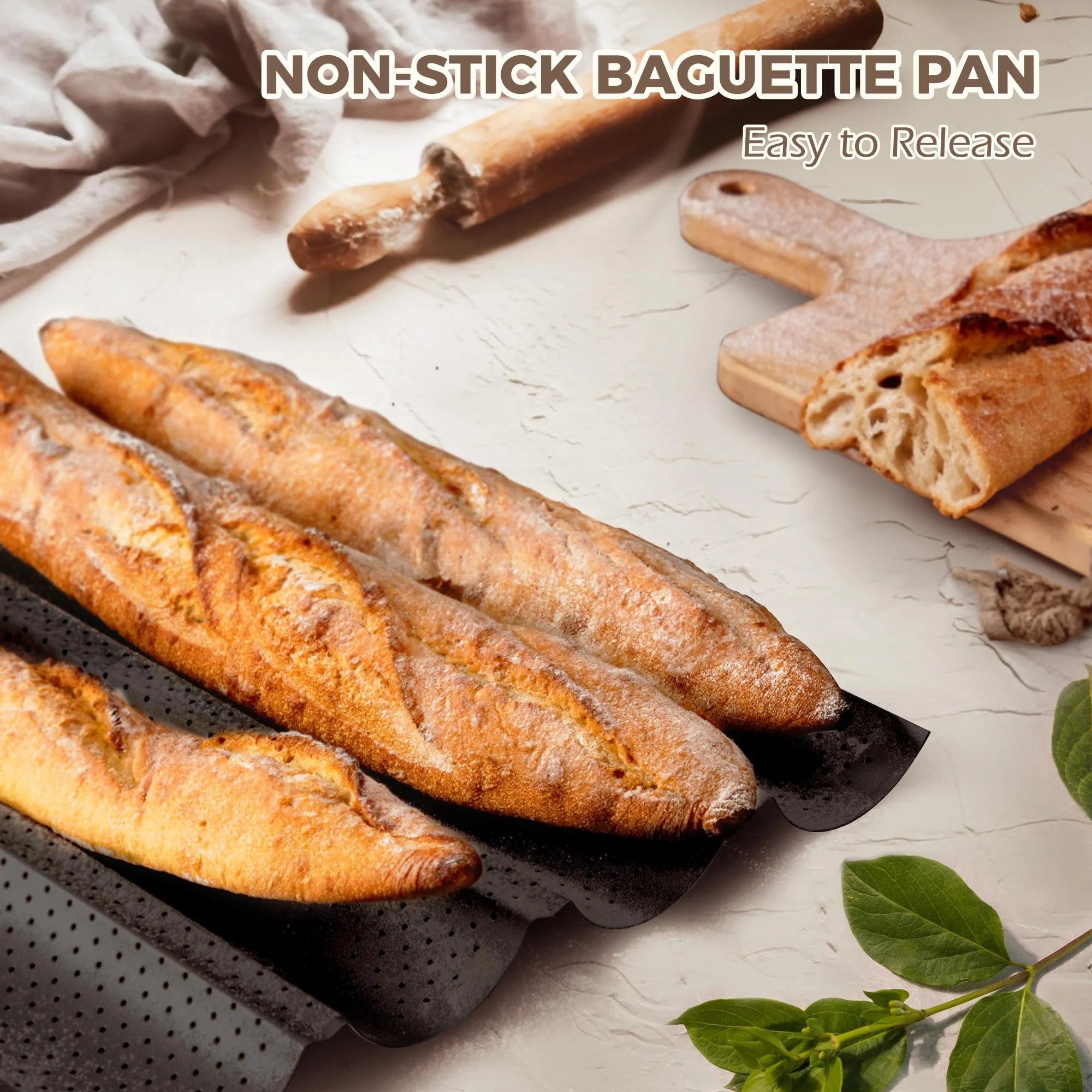 KITESSENSU Nonstick Baguette Pans for French Bread Baking, Perforated 3 Loaves Baguettes Bakery Tray, 15" x 9", Silver
