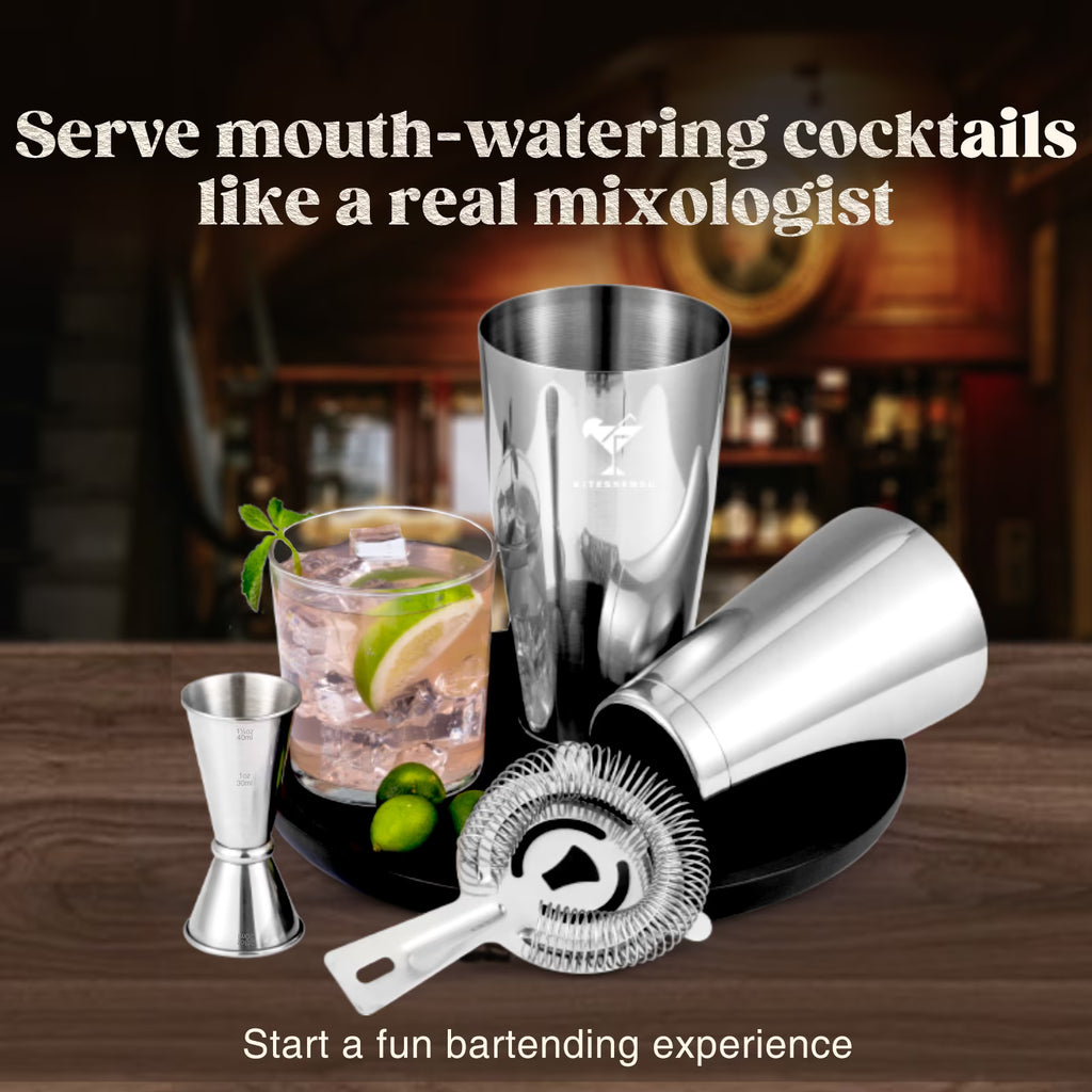 KITESSENSU Boston Cocktail Shaker Set, 4-Piece Martini Shaker, Boston Shaker with 18oz & 28oz Mixed Drink Shaker, Hawthorne Strainer, Double Measuring Jigger, Cocktail Recipe Cards Included