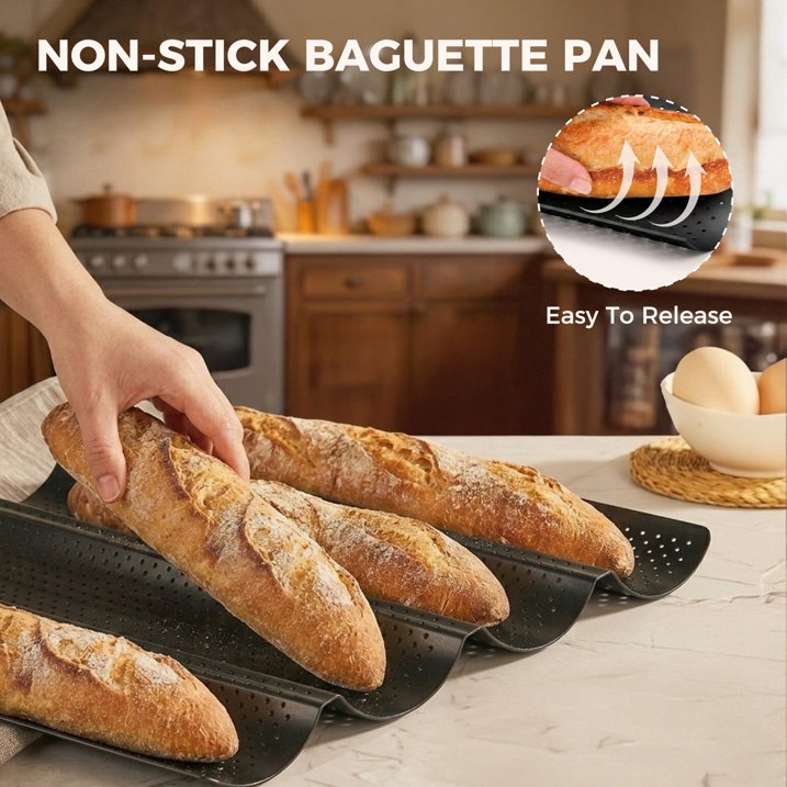 KITESSENSU Nonstick Baguette Pans for Baking, Perforated 4 Loaves French Bread Pan, Heavy Duty Baguette Baking Pans, Non Toxic Stainless Steel Baguette Tray for Oven, 15" x 13", Black