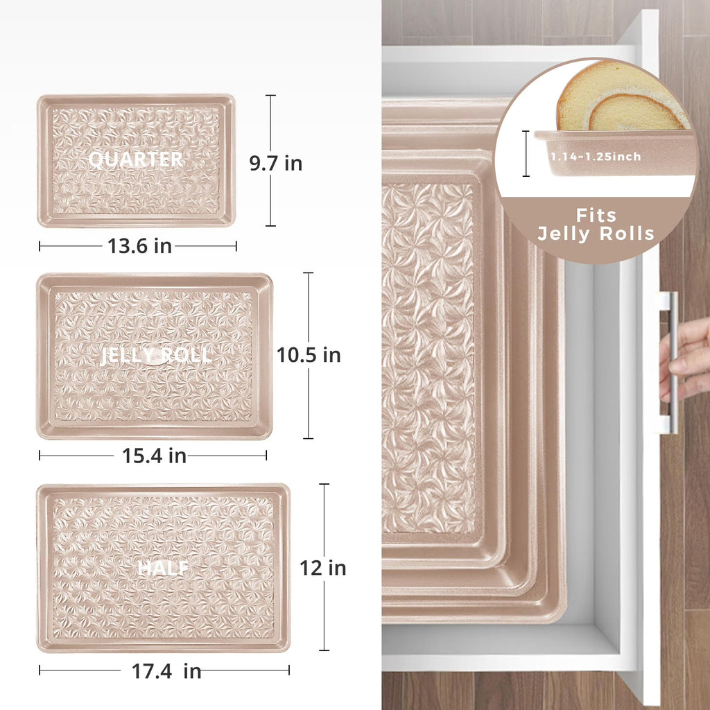 HONGBAKE Nonstick Baking Sheet Pan Set of 3, Cookie Sheets for Oven, Non-Toxic Half/Quarter/Jelly Roll Pans with Floral Swirl Texture, Heavy Duty 0.8mm Thick Oven Trays for Cooking, Gold