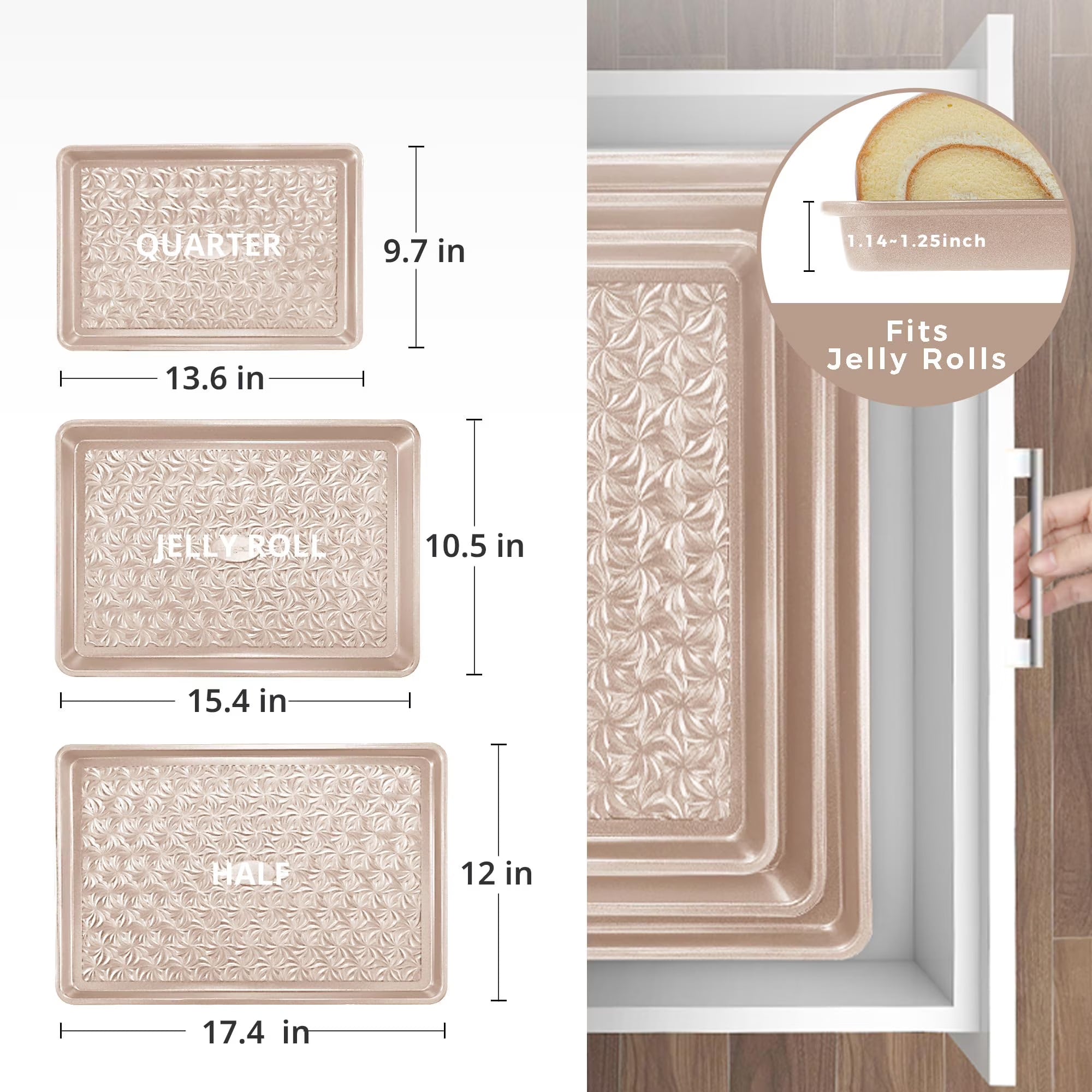HONGBAKE Nonstick Baking Sheet Pan Set of 3, Cookie Sheets for Oven, Non-Toxic Half/Quarter/Jelly Roll Pans with Floral Swirl Texture, Heavy Duty 0.8mm Thick Oven Trays for Cooking, Gold