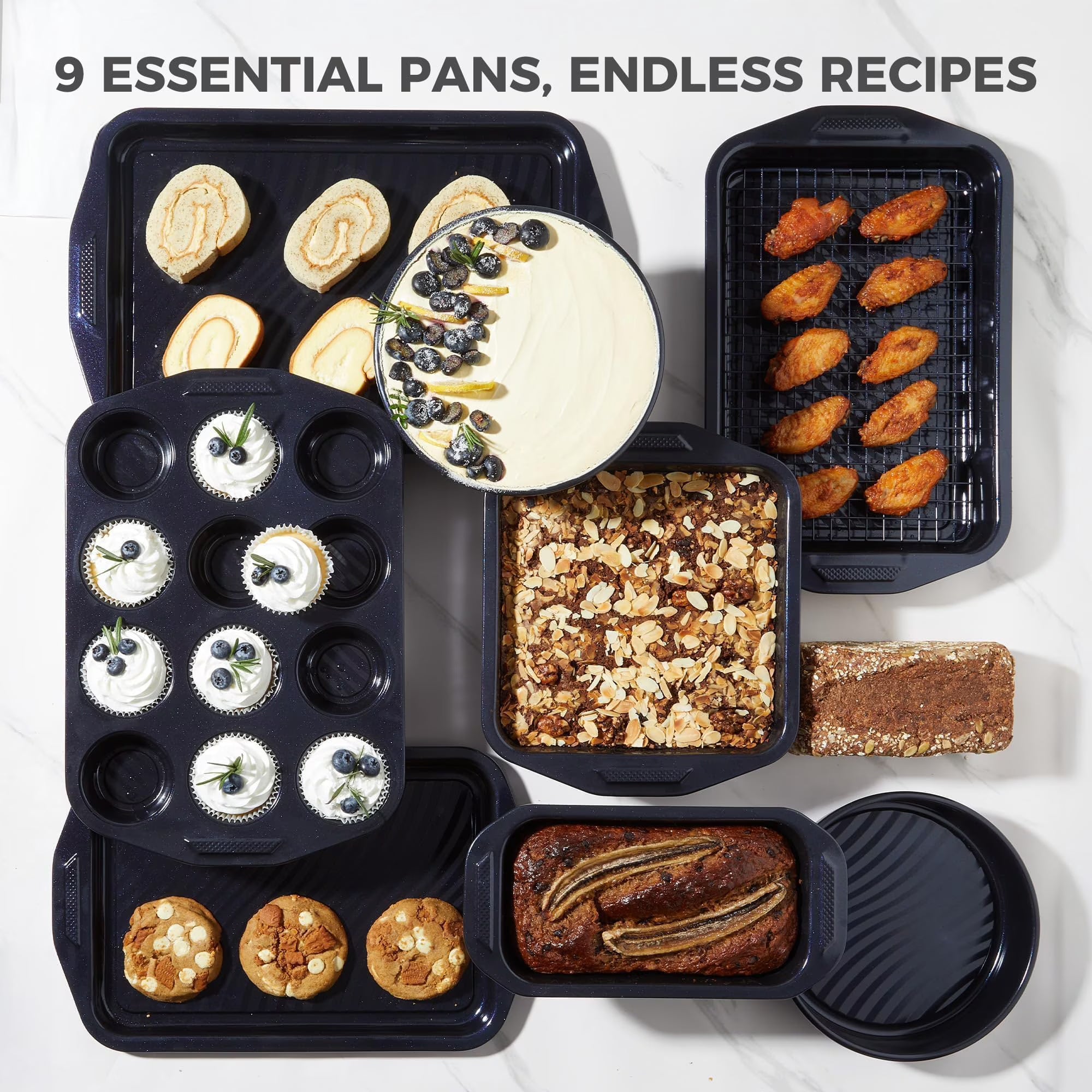 HONGBAKE 9-Piece Non Stick Bakeware Sets with Wave Texture for Reduced Grease, 0.8mm Thick Non Toxic Baking Pans Set, Includes Stackable Cookie Sheets for Oven Cooking, Shimmer Blue