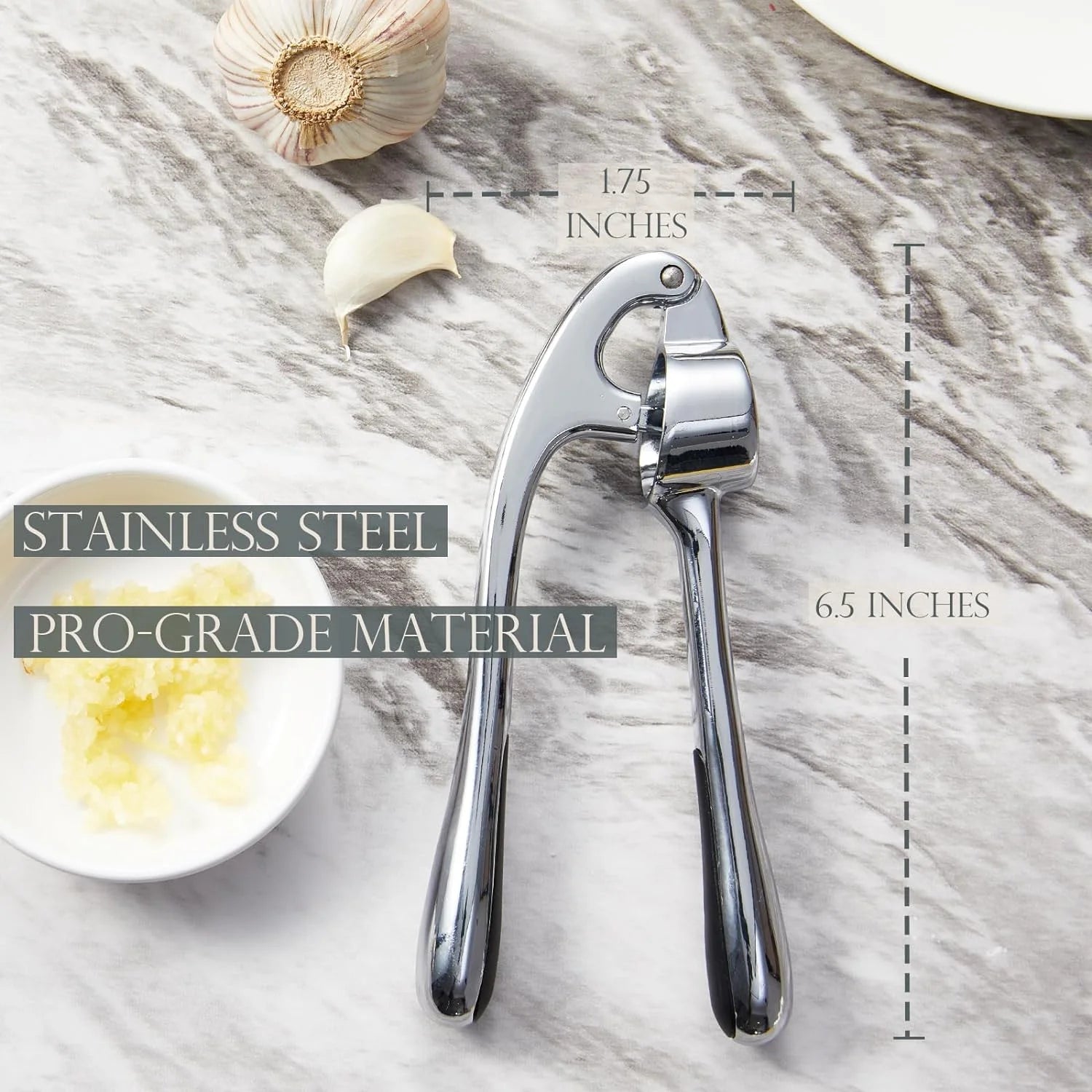 Premium Garlic Press, Professional Garlic Mincer, Easy to Squeeze and Clean, Rust Proof, Efficient Ginger Crusher - Gloss Silver