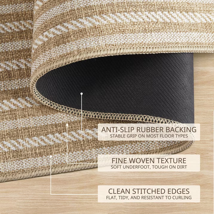 MatEssenz 2-Pack Washable Inside Door Mats 2x3 ft, Low Profile Entryway Rug Set, Scandinavian Striped Woven Faux Linen, Non-Slip Mudroom & Kitchen Mat, Apartment Essentials, Khaki