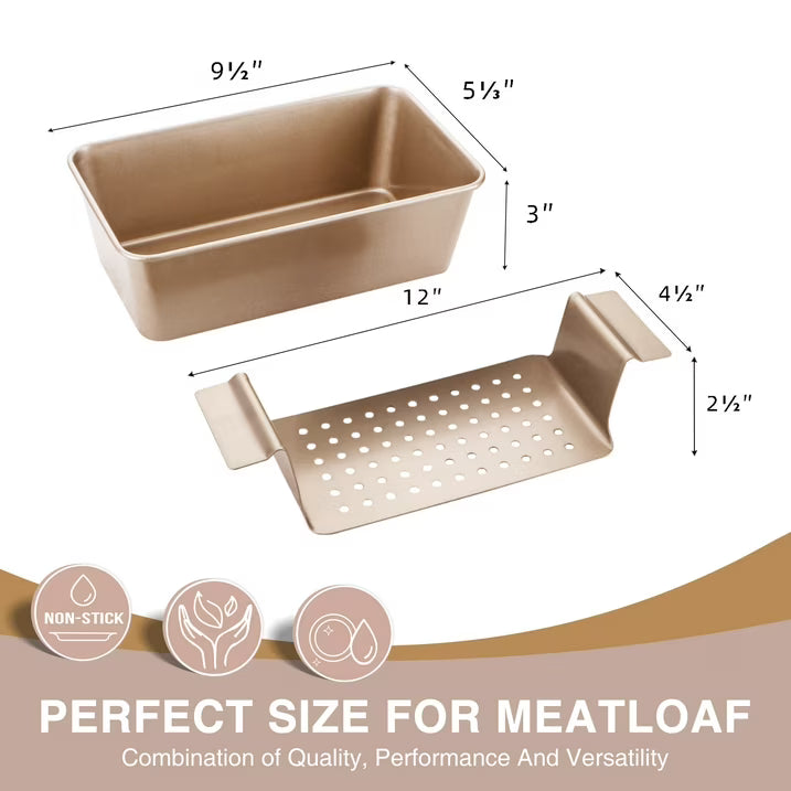 HONGBAKE 2-in-1 Meatloaf Pan with Drainer, Nonstick Loaf Pans with Strainer, 9"x 5" Meat Loaf for Baking, Reduce the Fat and Kick Up the Flavor, Gold