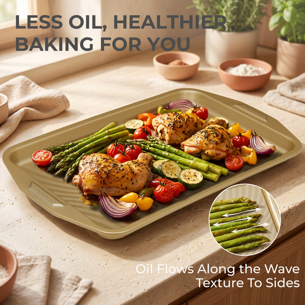 HONGBAKE 34-Piece Non Stick Bakeware Sets with Wave Texture for Reduced Grease, 0.8mm Thick Non Toxic Baking Pans Set, Includes Stackable Cookie Sheets for Oven, Gold
