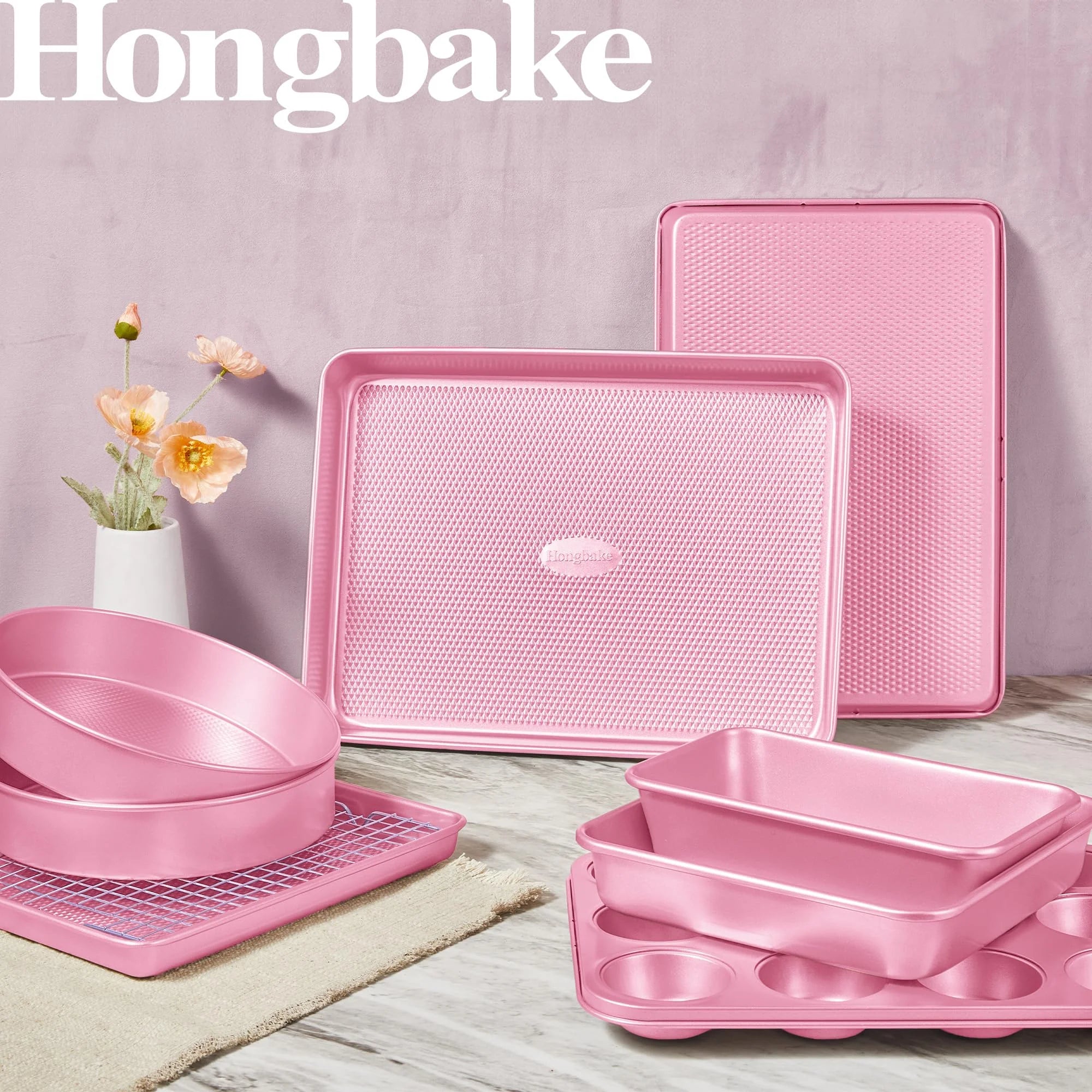 HONGBAKE 9-Piece Baking Pans Set Nonstick, Stackable Non Toxic Bakeware Sets with Diamond Texture, Oven Pan Set for Cooking, Includes Cookie Sheet with Rack, Cake Pan, Roasting Pan, Muffin Pan, Pink