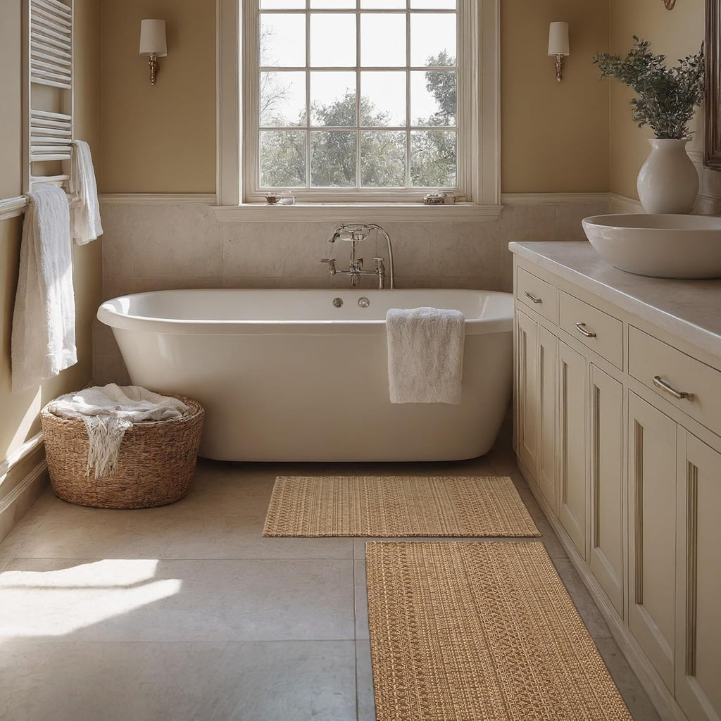 Cotton Blend Kitchen Rug Set 2 Piece, American Country Woven Runner Rug and Doormat, 20"x48"+20"x30", Rustic Farmhouse Washable Area Rugs for Kitchen, Laundry, Entryway