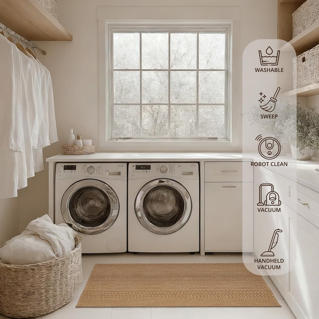 Cotton Blend Kitchen Rug Set 2 Piece, American Country Woven Runner Rug and Doormat, 20"x48"+20"x30", Rustic Farmhouse Washable Area Rugs for Kitchen, Laundry, Entryway