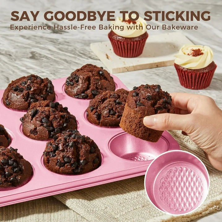 HONGBAKE 9-Piece Baking Pans Set Nonstick, Stackable Non Toxic Bakeware Sets with Diamond Texture, Oven Pan Set for Cooking, Includes Cookie Sheet with Rack, Cake Pan, Roasting Pan, Muffin Pan, Pink