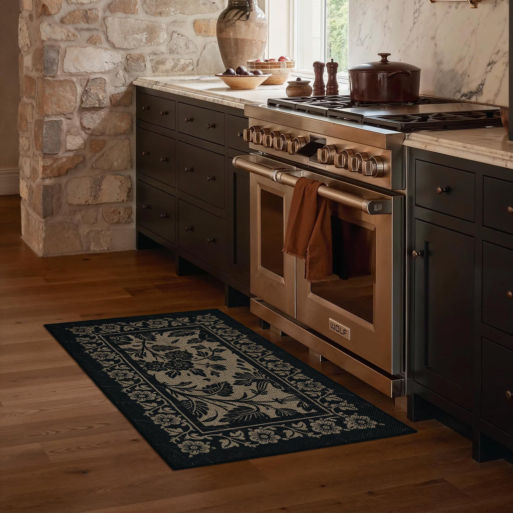 MatEssenz Washable Area Rug 2'x3', Non-Slip Low-Pile Entryway Kitchen Rug, Absorbent Pet-Friendly Vintage Floral, Black/Tan