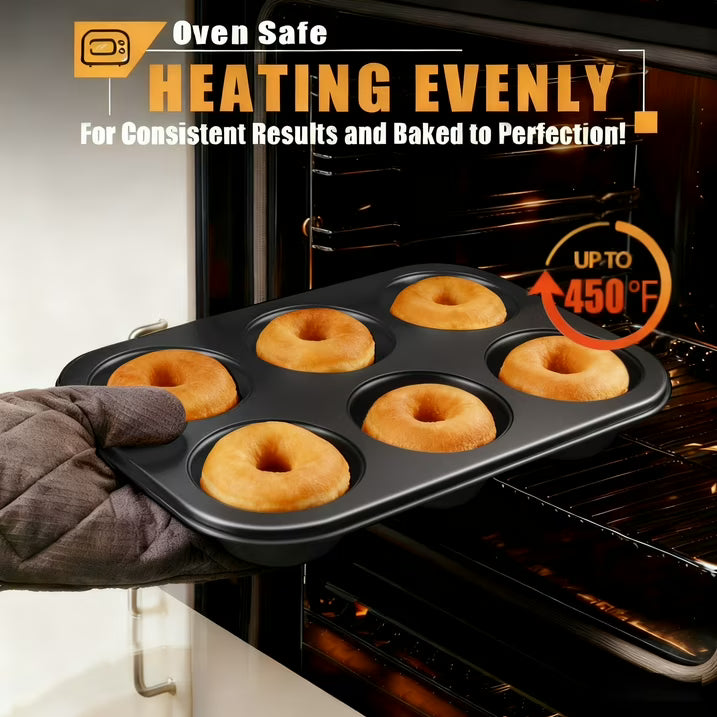 HONGBAKE Nonstick Donut Pans For Baked Doughnuts, 2-Pack 6 Cavity Upgraded Deepened Doughnut Pan, Heavy Duty Mini Bagel Pan for Oven - Black