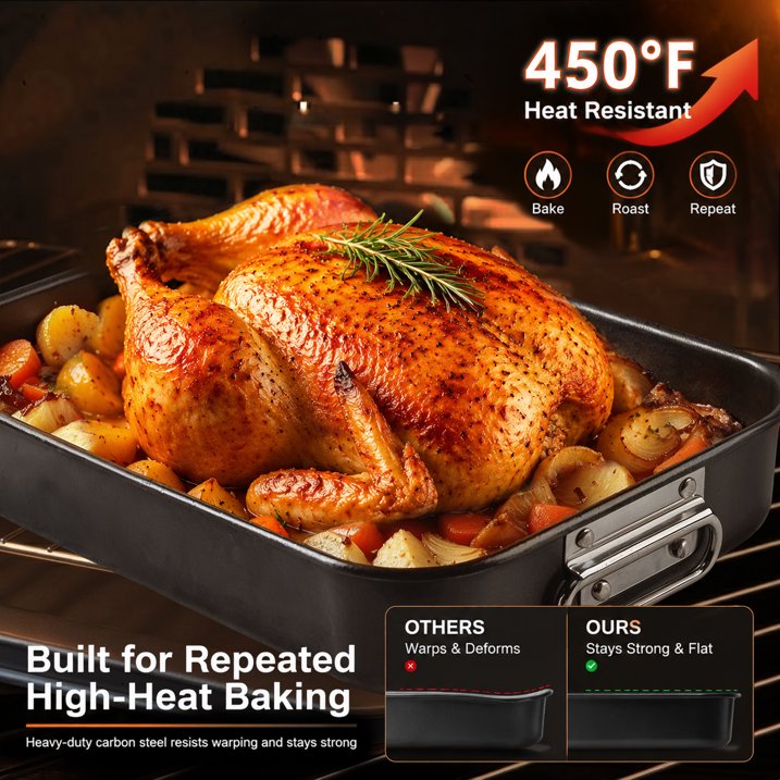 HONGBAKE Lasagna Pan, 9x13 Baking Pan, 3 Inch Deep Baking Pan for Oven, Nonstick Roasting Pan with Stainless Steel Handles, Dark Grey