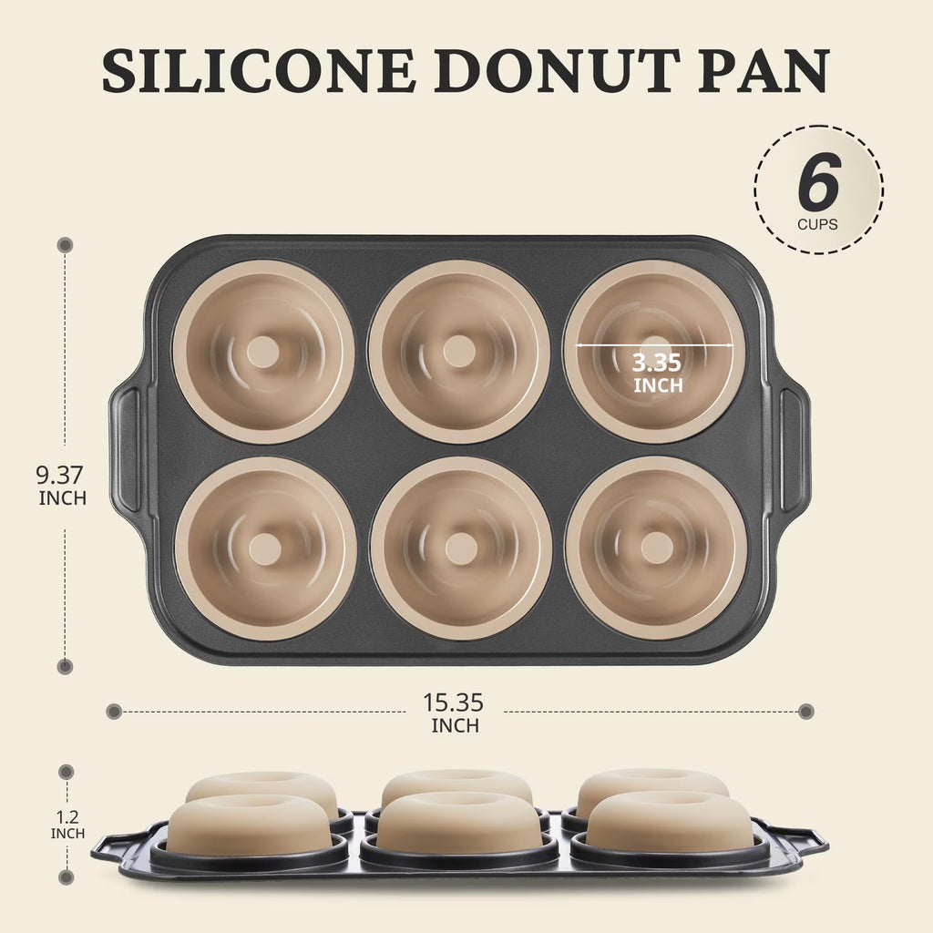 HONGBAKE Silicone Donut Pan for Baking with Metal Frame, 3.35 Inch Large doughnut pan,donut molds for baking Nonstick Non Toxic Bakeware for Oven, Brown