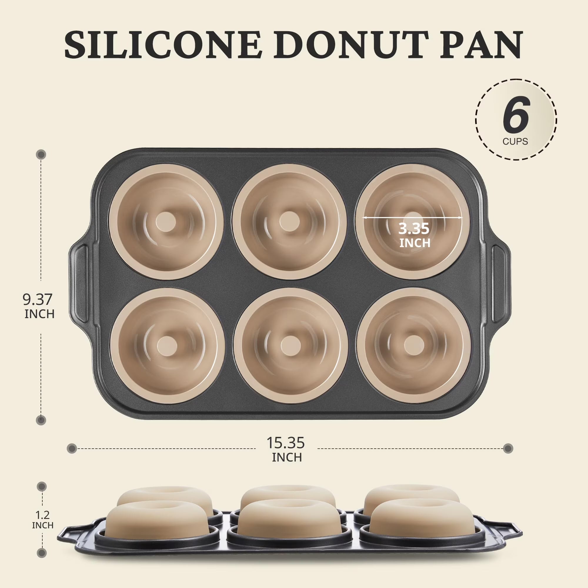 HONGBAKE Silicone Donut Pan for Baking with Metal Frame, 3.35 Inch Large doughnut pan,donut molds for baking Nonstick Non Toxic Bakeware for Oven, Brown