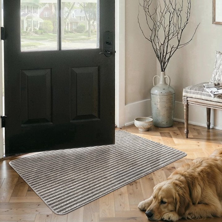 MatEssenz Washable Door Mat 2x3 ft, Inside Welcome Mat, Low Profile Entryway Rug, Neutral Striped Faux Linen, Non-Slip Mudroom & Back Door Mat, Pet Friendly, Grey