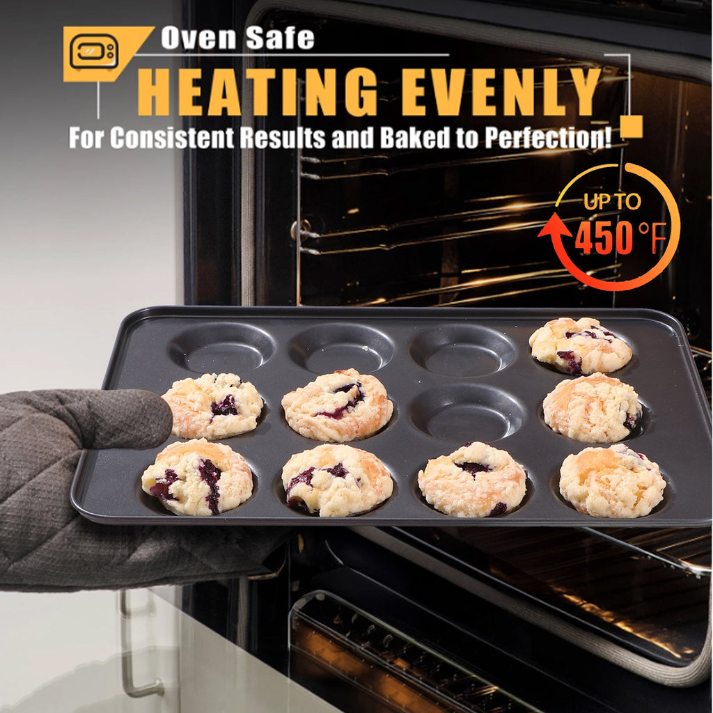 HONGBAKE Muffin Top Pan Nonstick, Non Toxic Mini Whoopie Pie Pan for Baking, 12 Cavity Heavy Duty Yorkshire Pudding Pan for Oven, Dishwasher Safe and Easy to Clean
