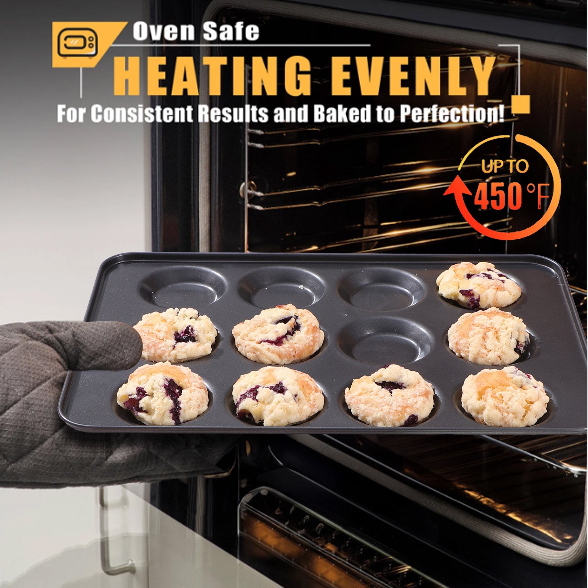 HONGBAKE Muffin Top Pan Nonstick, Non Toxic Mini Whoopie Pie Pan for Baking, 12 Cavity Heavy Duty Yorkshire Pudding Pan for Oven, Dishwasher Safe and Easy to Clean