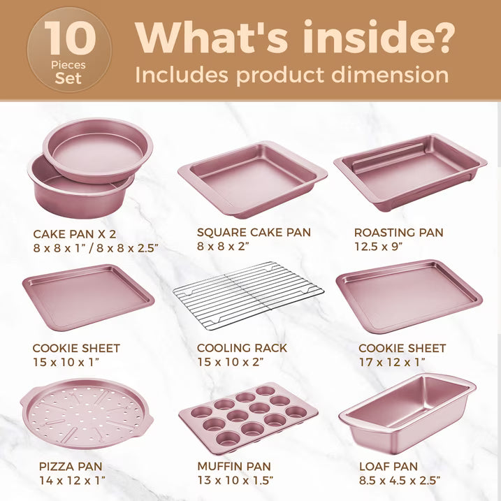 HONGBAKE 10-Piece Nonstick Carbon Steel Bakeware Set, Baking Pan Set with Baking Sheets, Cake Pans, Loaf Pan & Muffin Pan, Pink