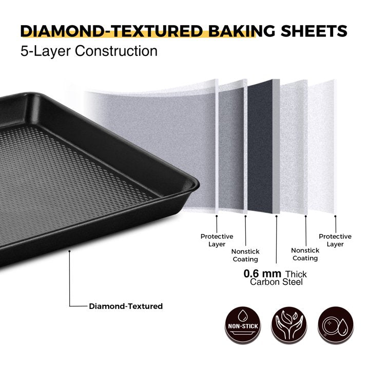 HONGBAKE Jelly Roll Pan 15x10 with Diamond Texture, Cookie Sheet for Baking, Non Stick Baking Sheet Pan for Oven, Heavy Duty Baking Trays Non Toxic, 57% Thicker Carbon Steel, Black