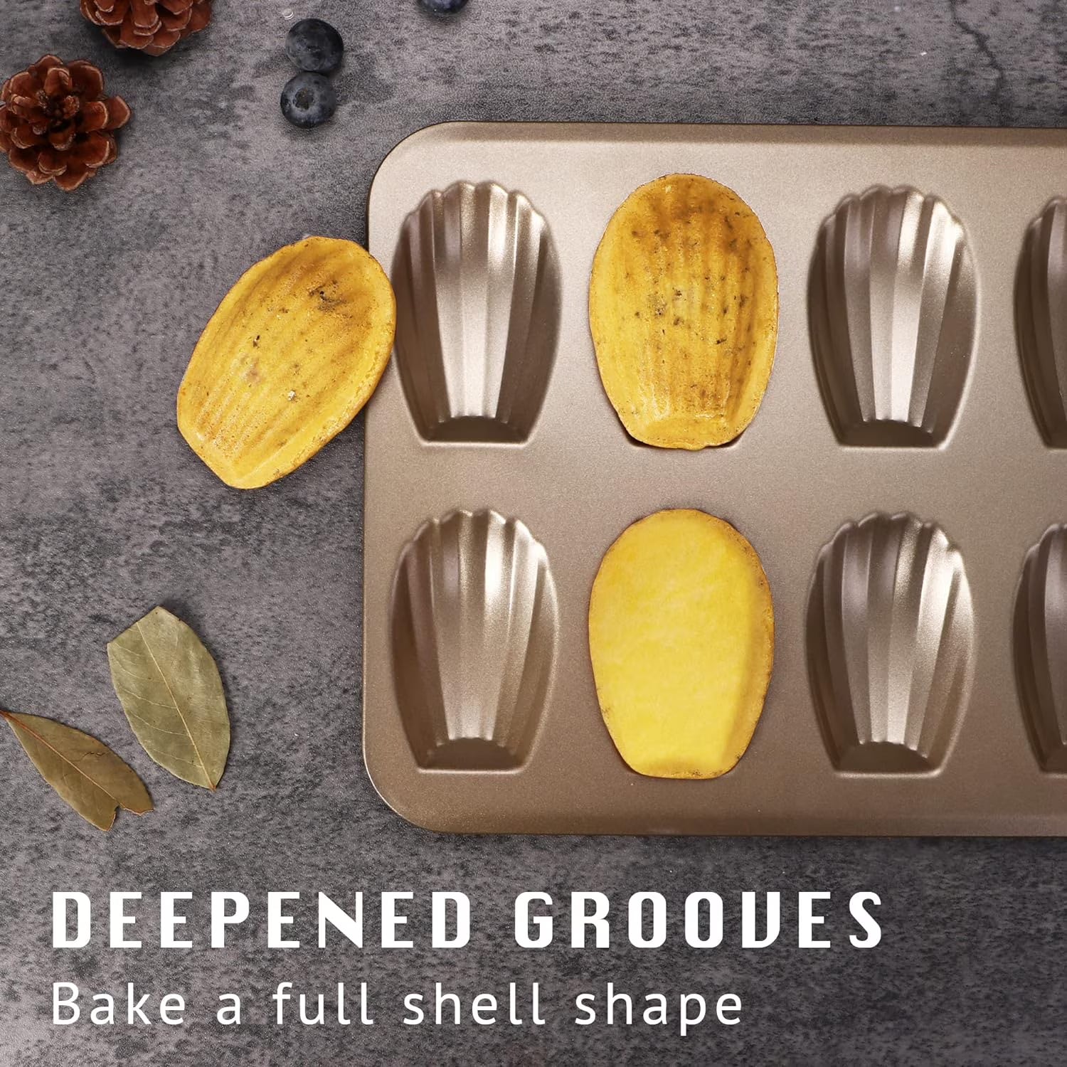 HONGBAKE Nonstick Madeleine Pan for Baking, 2 Pack 12-Cavity Shell Shape Madeleine Cooking Pan, Heavy Duty Carbon Steel Madeleine Mold, Champagne Gold