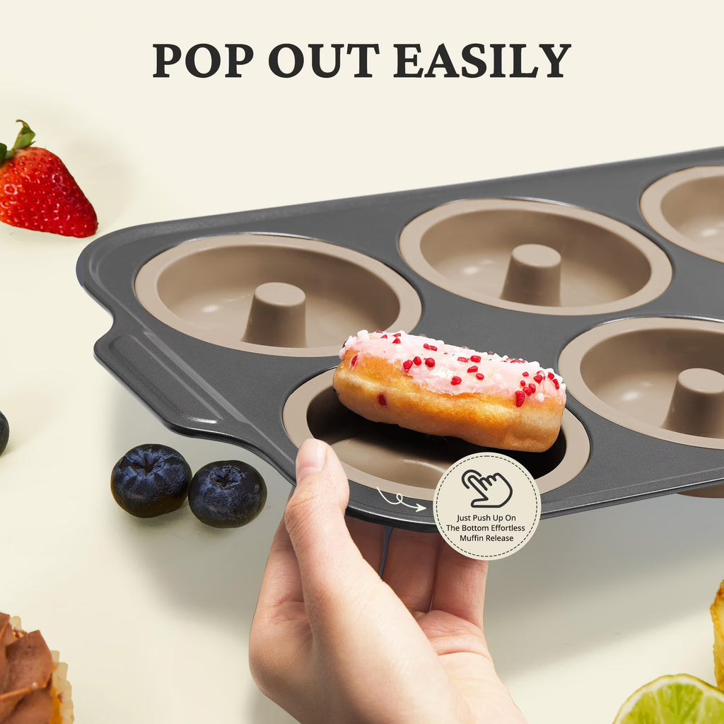 HONGBAKE Silicone Donut Pan for Baking with Metal Frame, 3.35 Inch Large doughnut pan,donut molds for baking Nonstick Non Toxic Bakeware for Oven, Brown
