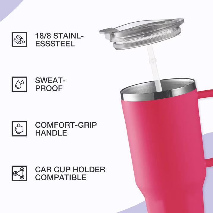 HONGBAKE 40oz Stainless Steel Tumbler with Handle & Straw Lid, Vacuum Insulated Tumbler, Blush Pink