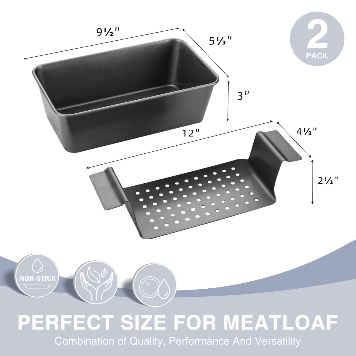 HONGBAKE 4 Pack Meatloaf Pan with Drainer, 9 x 5 inch Meatloaf Pan with Drain Tray, Nonstick Meat Loaf Pans for Baking, Grey