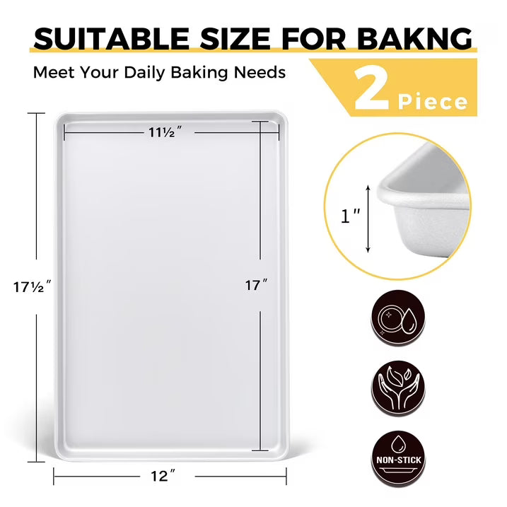 HONGBAKE 2 Pack Half Sheet Pan Set, Nonstick Cookie Sheets for Baking, 17.5 x 12 Inch Baking Sheet Pans, Heavy Duty Carbon Steel, Silver