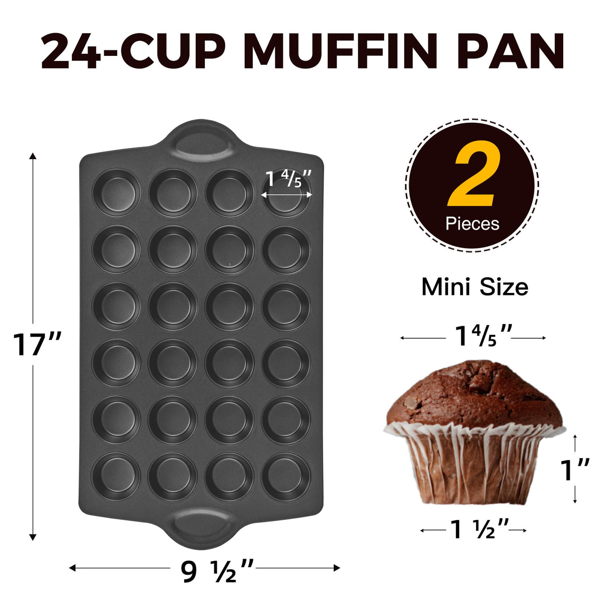 HONGBAKE Mini 24 Ceramic Muffin Pan Set, Nonstick Cupcake Pans with Ear Shaped Wider Grips, Non-toxic, Heavy-duty Small Cheesecake Tray, Gray
