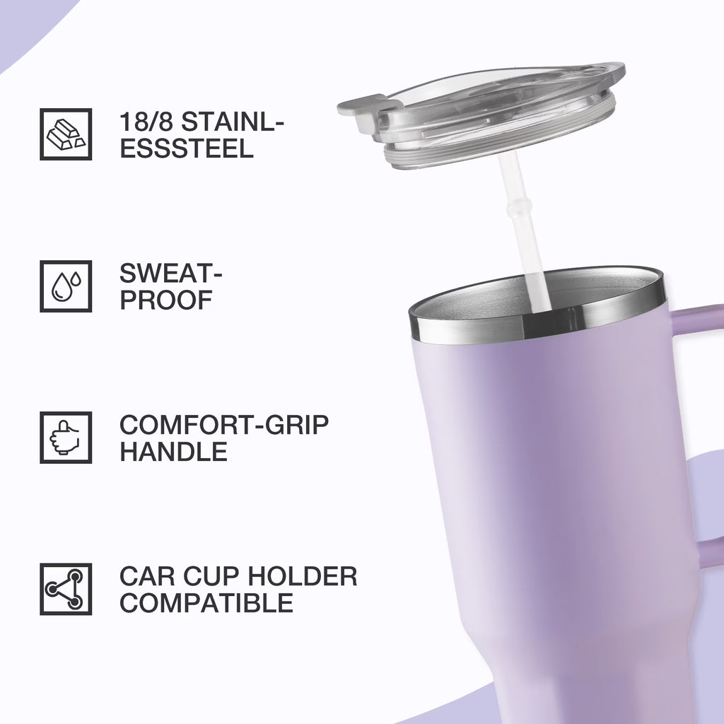 HONGBAKE 40 oz Tumbler with Handle and Straw Lid, Vacuum Insulated Stainless Steel Tumbler, Travel Mug Fits Cup Holder, Dusty Lavender