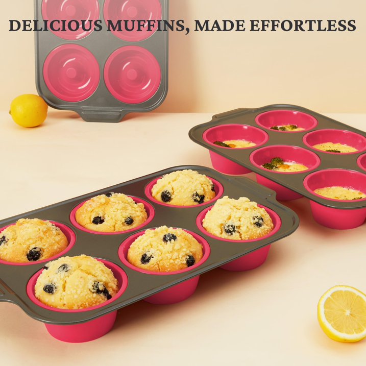 HONGBAKE Jumbo Silicone Muffin Pan with Metal Frame, 3.5" Large Muffin Tins, Non-Toxic Food Grade Silicone, Non-Stick for Egg Bites & Big Cupcakes, Oven Safe, Pink