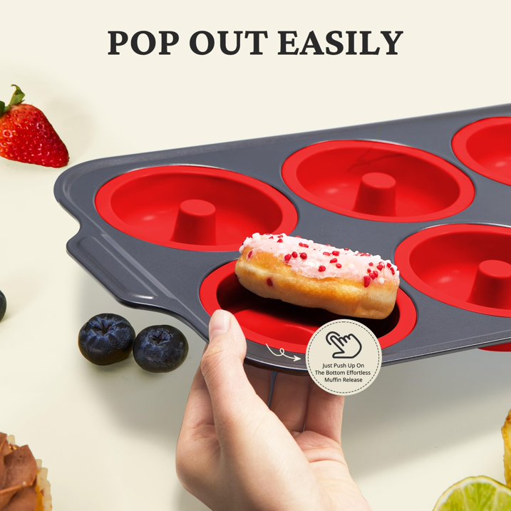 HONGBAKE Silicone Donut Pan for Baking with Metal Frame, 3.35 Inch Large doughnut pan,donut molds for baking Nonstick Non Toxic Bakeware for Oven, Red