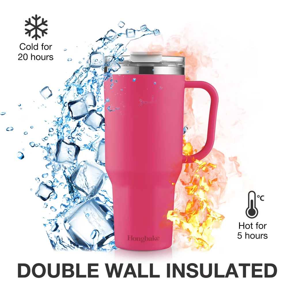 HONGBAKE 40oz Stainless Steel Tumbler with Handle & Straw Lid, Vacuum Insulated Tumbler, Blush Pink
