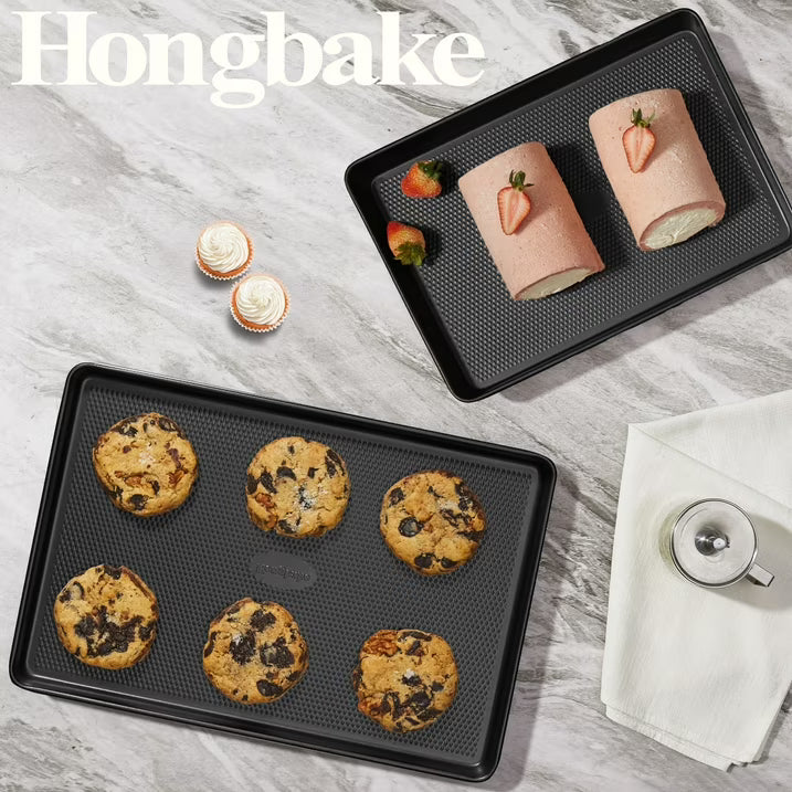 HONGBAKE Jelly Roll Pan 15x10 with Diamond Texture, Cookie Sheet for Baking, Non Stick Baking Sheet Pan for Oven, Heavy Duty Baking Trays Non Toxic, 57% Thicker Carbon Steel, Black