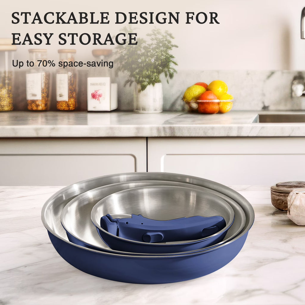 KITEXPERT Non Toxic Stainless Steel Frying Pan Set (8",10",12"), Tri-Ply Nonstick Skillet Pans with Removable Handles, Dishwasher & Oven Safe, All Stovetops Compatible, Blue