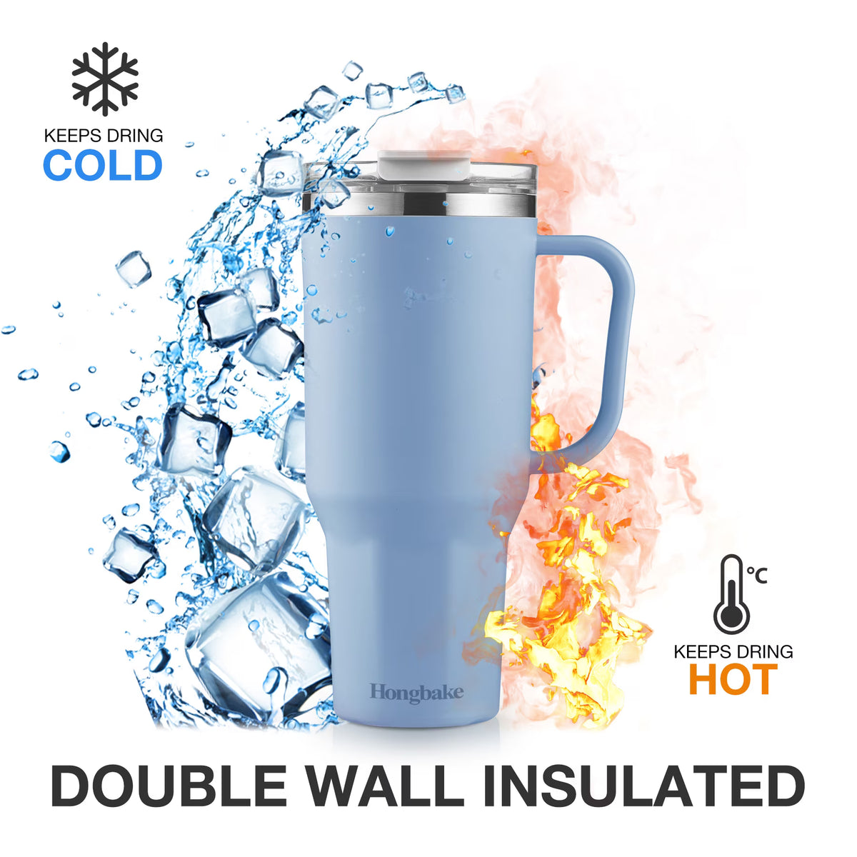 HONGBAKE 40 oz Tumbler with Handle and Straw Lid, Insulated Stainless Steel Tumbler, Travel Mug Fits Cup Holder, Powder Blue