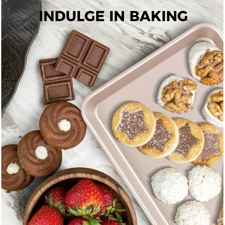 HONGBAKE 2 Pack 9.7"X7.6" Small Cookie Sheet, 57% Thicker Nonstick 1/8 Toaster Oven Pans, Heavy Duty Cookie Sheet Pan Set, Baking Sheet, Rose Gold