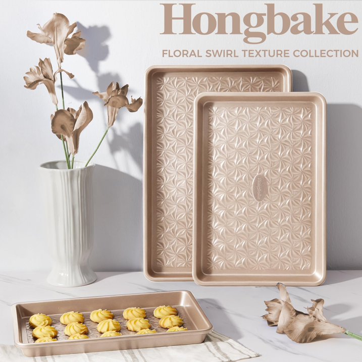 HONGBAKE Nonstick Baking Sheet Pan Set of 3, Cookie Sheets for Oven, Non-Toxic Half/Quarter/Jelly Roll Pans with Floral Swirl Texture, Heavy Duty 0.8mm Thick Oven Trays for Cooking, Gold