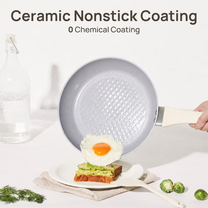 KITEXPERT Non Stick Frying Pan, 8" 9.5" 11" Ceramic Pan Set with Lid, Non Toxic Cooking Pan, Skillet for Induction Hob, Cream