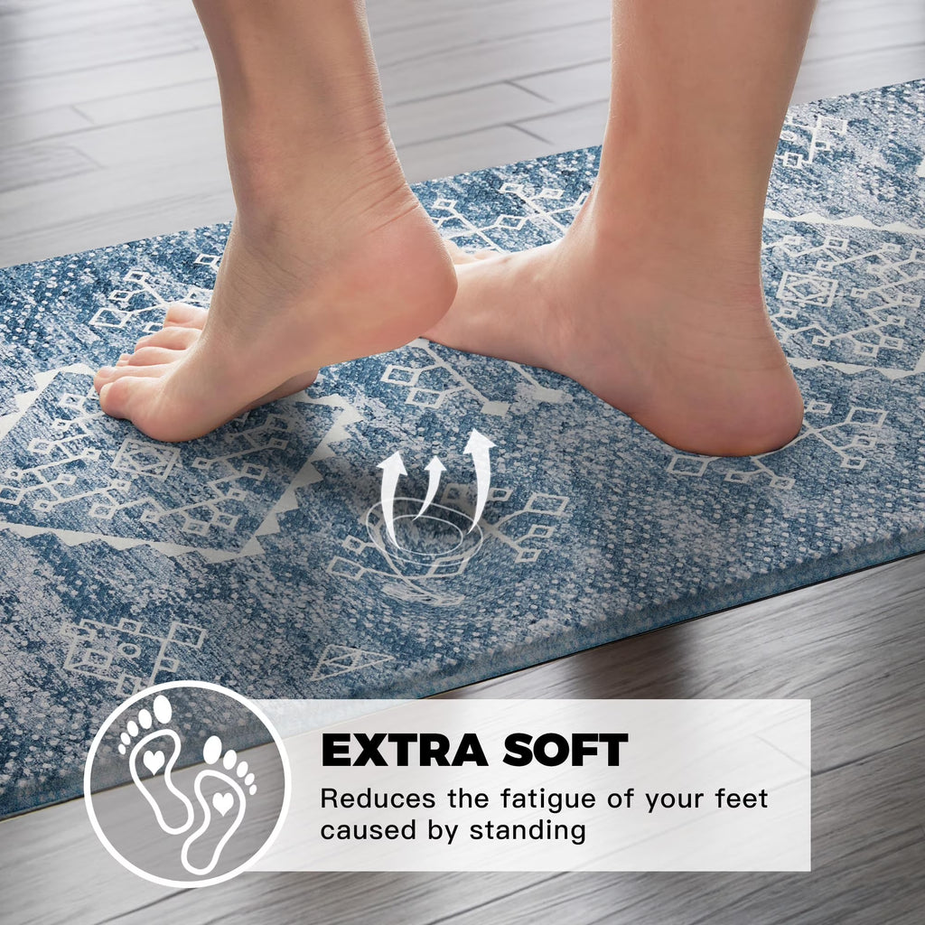 KOKHUB Boho Kitchen Mat, 1/2 Inch Thick Cushioned Kitchen Rugs, Anti-Fatigue Non-Slip Kitchen Floor Mats, Stain Resistant Mats for Home, Office, Sink, Laundry-17.3" x 39"-1/2 Inch-Boho Indigo Blue