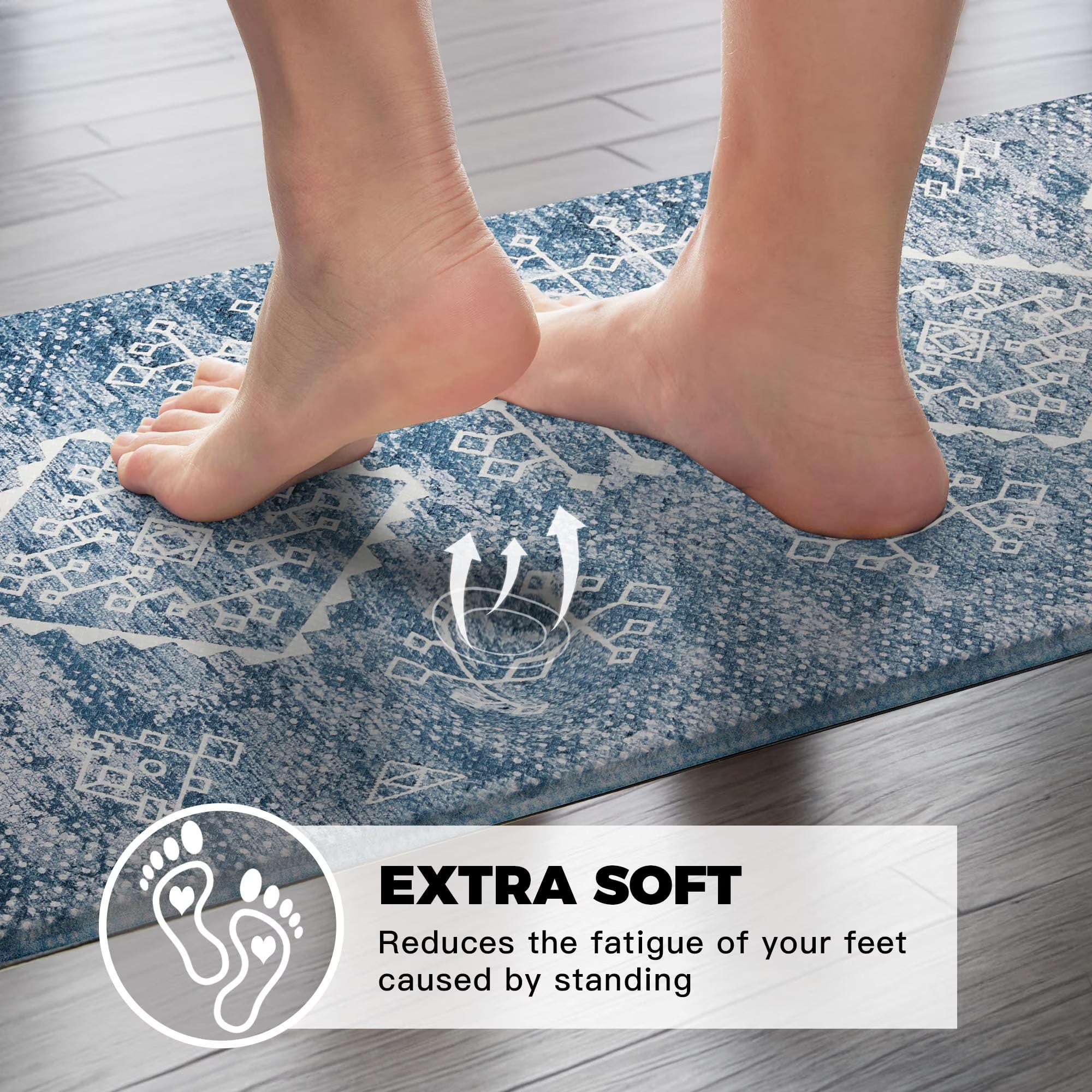 KOKHUB Boho Kitchen Mat, 1/2 Inch Thick Cushioned Kitchen Rugs, Anti-Fatigue Non-Slip Kitchen Floor Mats, Stain Resistant Mats for Home, Office, Sink, Laundry-17.3" x 39"-1/2 Inch-Boho Indigo Blue