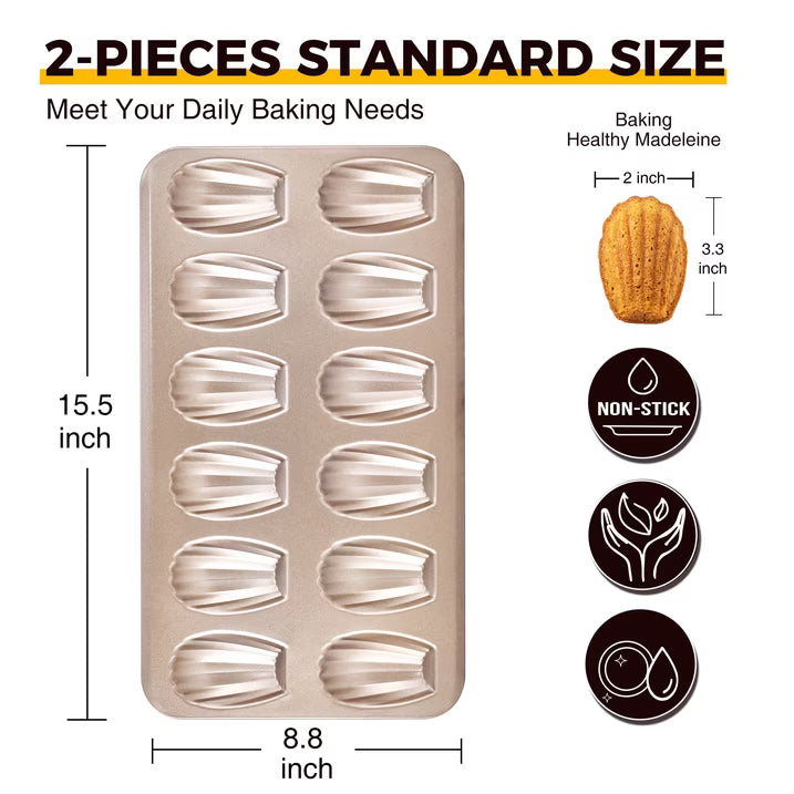 HONGBAKE Nonstick Madeleine Pan for Baking, 2 Pack 12-Cavity Shell Shape Madeleine Cooking Pan, Heavy Duty Carbon Steel Madeleine Mold, Champagne Gold