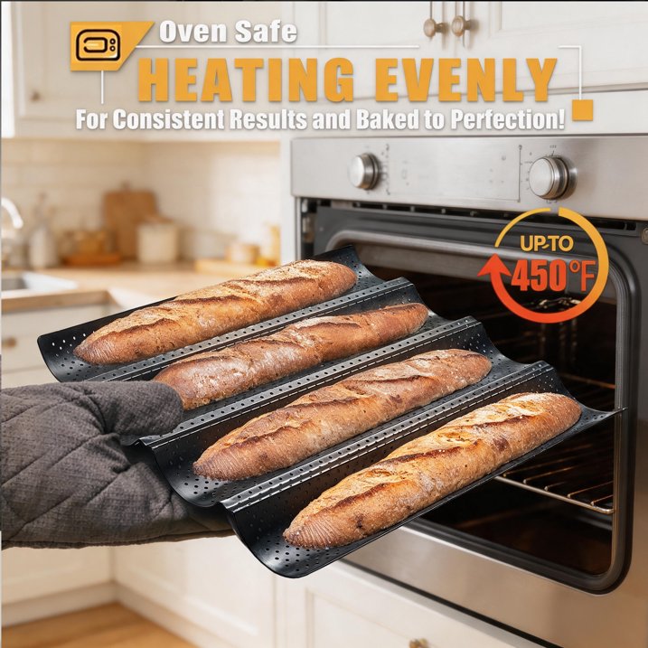 KITESSENSU Nonstick Baguette Pans for Baking, Perforated 4 Loaves French Bread Pan, Heavy Duty Baguette Baking Pans, Non Toxic Stainless Steel Baguette Tray for Oven, 15" x 13", Black