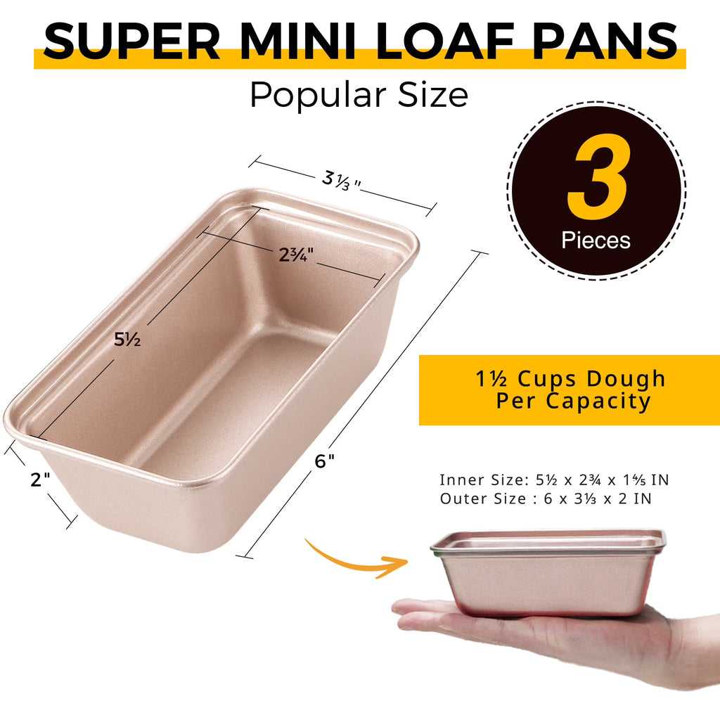 HONGBAKE Super Mini Loaf Pans for Baking, Nonstick Small Bread Pans of 3, 6 x 3.2 x 2 In Tiny Carbon Steel Small Baking Pans - Rose Gold