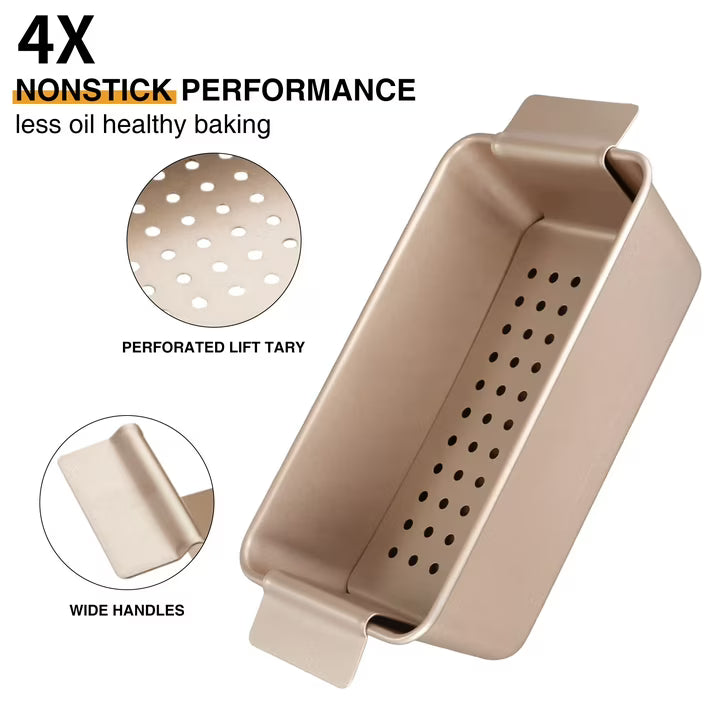 HONGBAKE 2-in-1 Meatloaf Pan with Drainer, Nonstick Loaf Pans with Strainer, 9"x 5" Meat Loaf for Baking, Reduce the Fat and Kick Up the Flavor, Gold